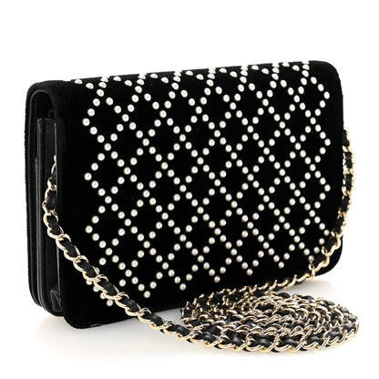 Chanel Velvet Pearl Diamond Embellished Wallet On Chain WOC Black 3 of 11