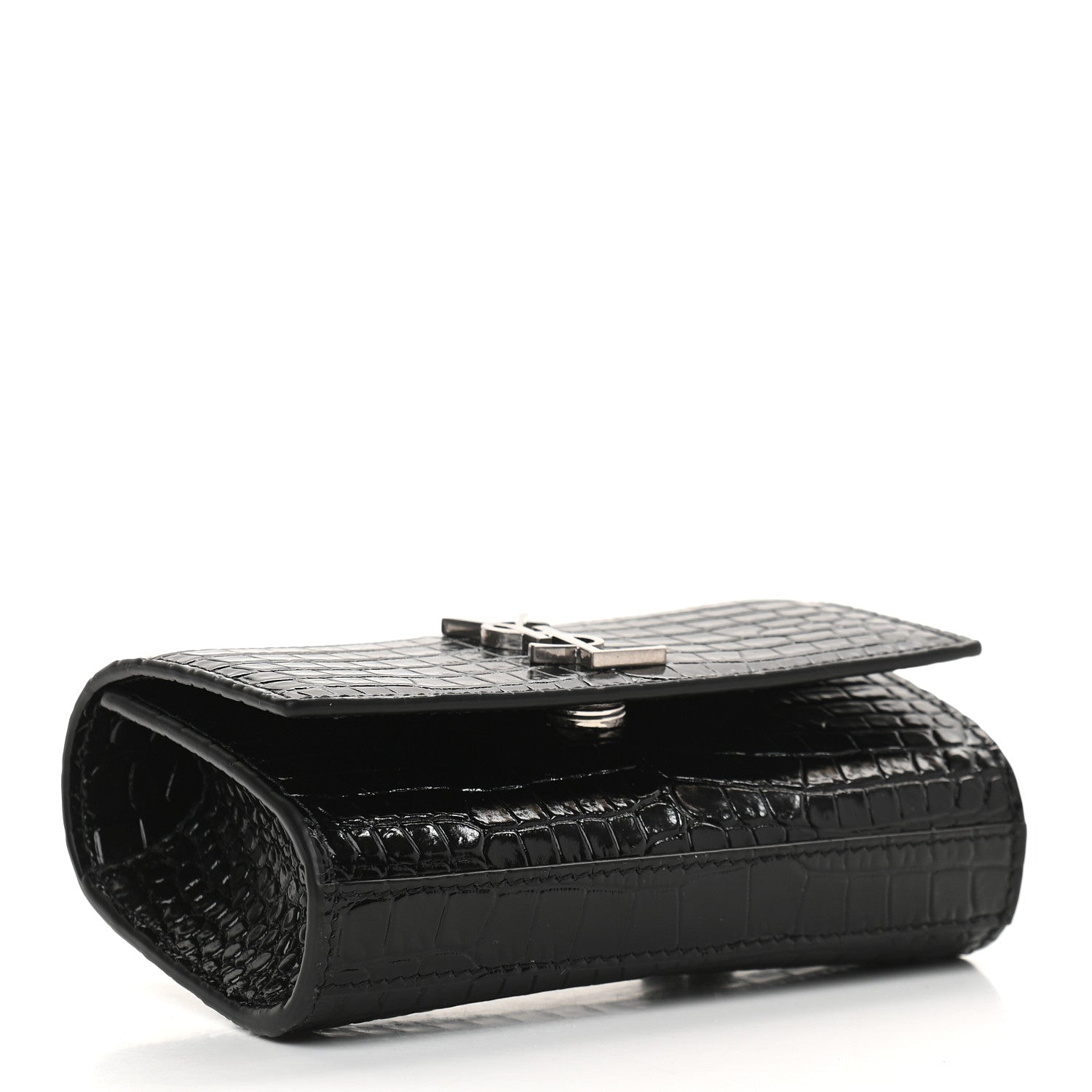 Saint Laurent Calfskin Crocodile Embossed Monogram Kate Belt Bag Black 4 of 8