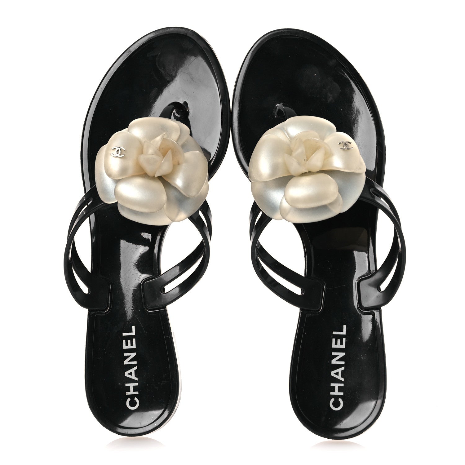 Chanel Jelly Camellia Thong Sandals 38 Black Ivory 2 of 12