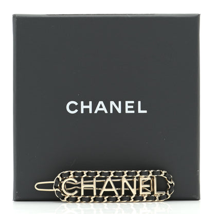 Chanel Metal Lambskin Vintage Allure Logo Hair Clip Black Gold 6 of 6