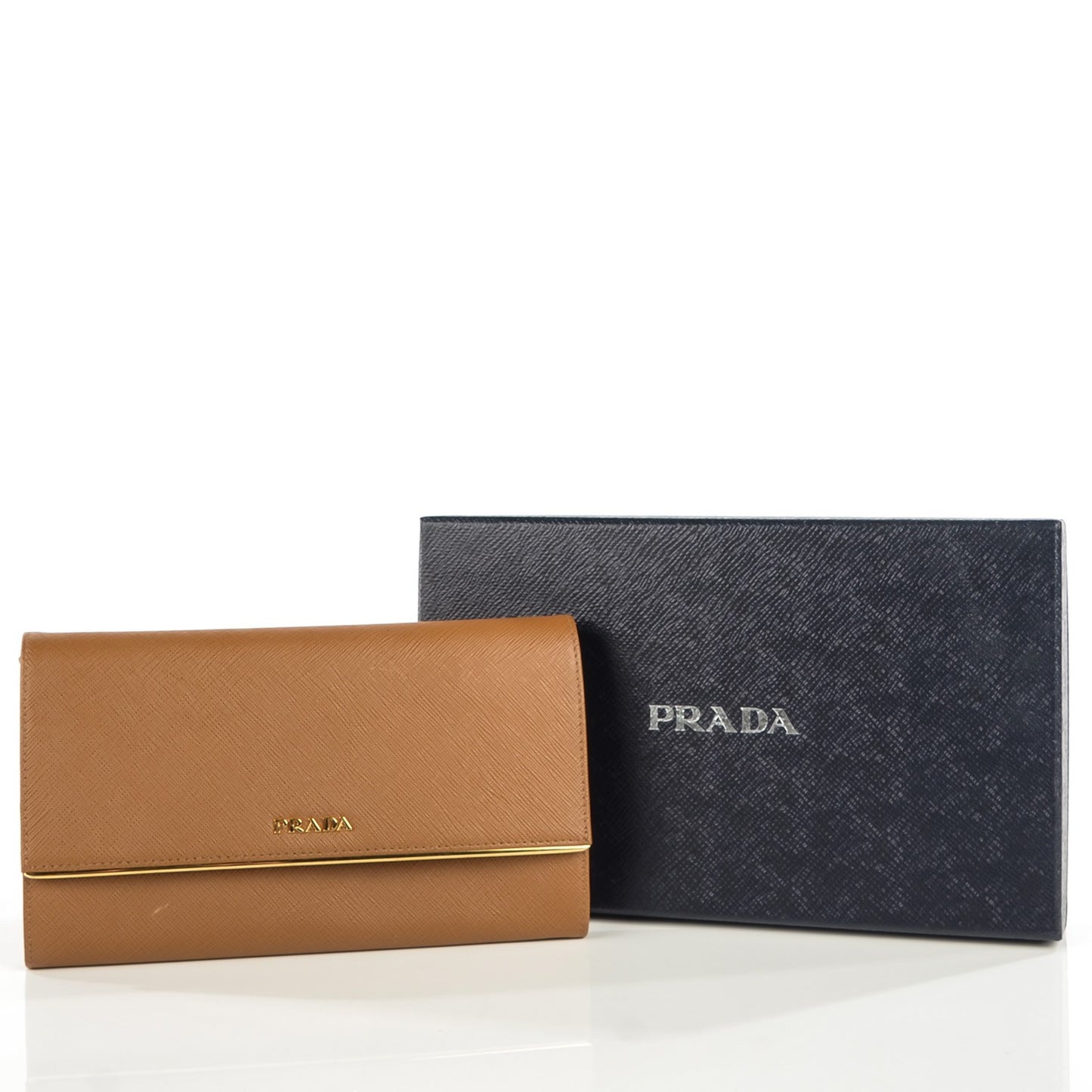Saffiano Metal Bar Flap Wallet Caramel