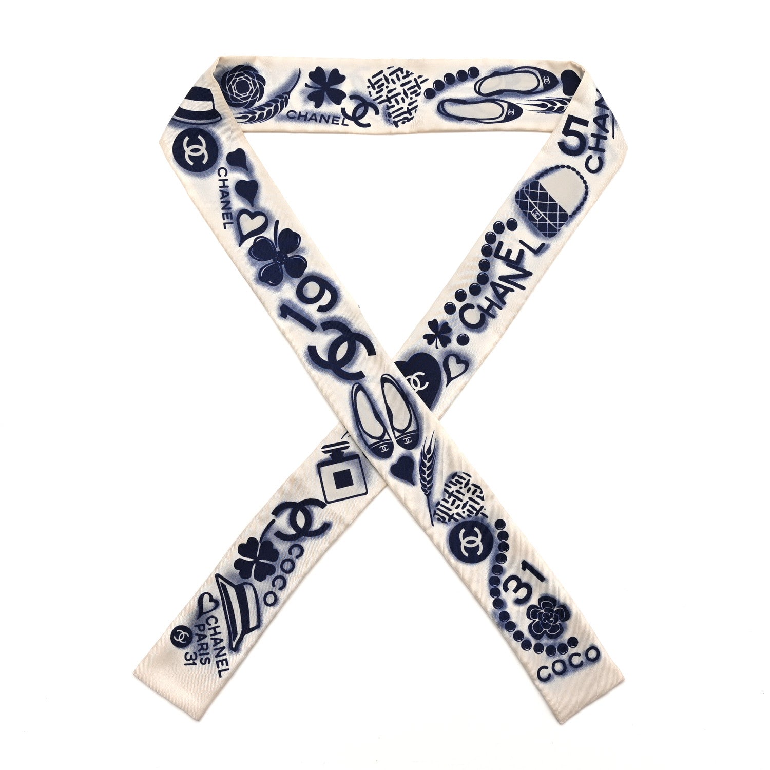Chanel Silk CC Slim Bandeau Scarf White Blue 1 of 4