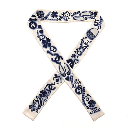 Chanel Silk CC Slim Bandeau Scarf White Blue 1 of 4