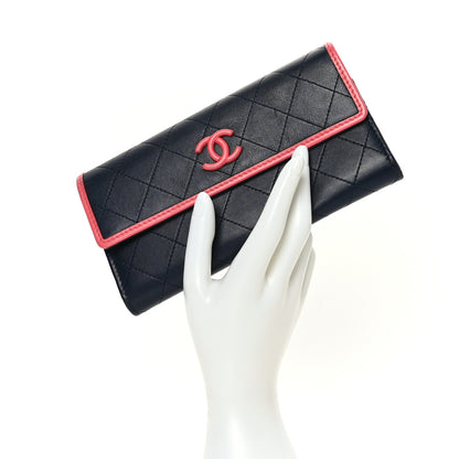 Chanel Lambskin Quilted Large Gusset Flap Wallet Navy Pink 2 of 9
