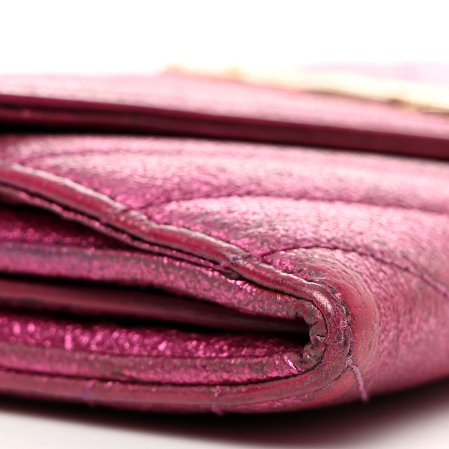 Metallic Crackled Calfskin Matelasse Chevron Monogram Flap Wallet Fuchsia