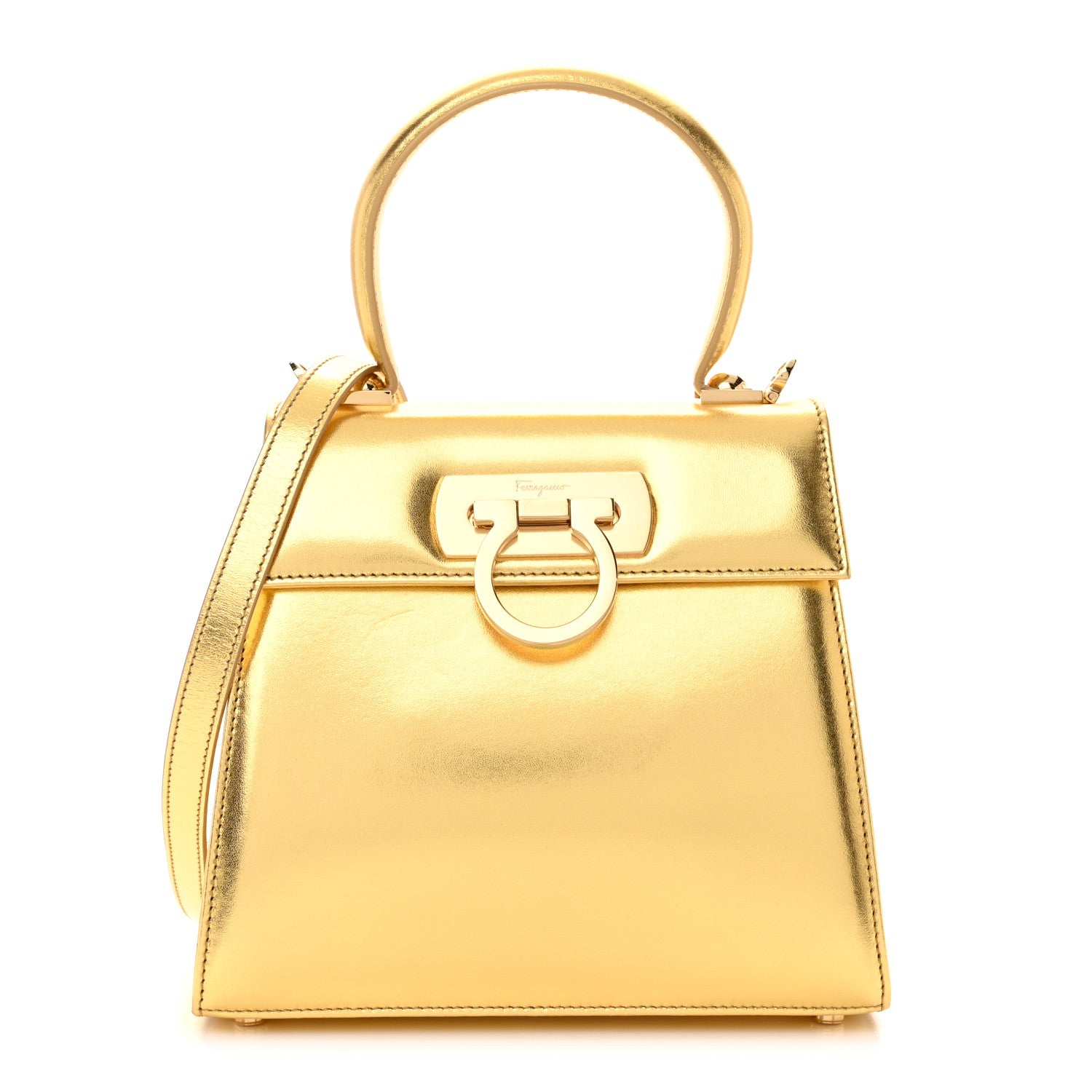 Salvatore Ferragamo Metallic Calfskin Small Iconic Top Handle Bag Gold 1 of 13