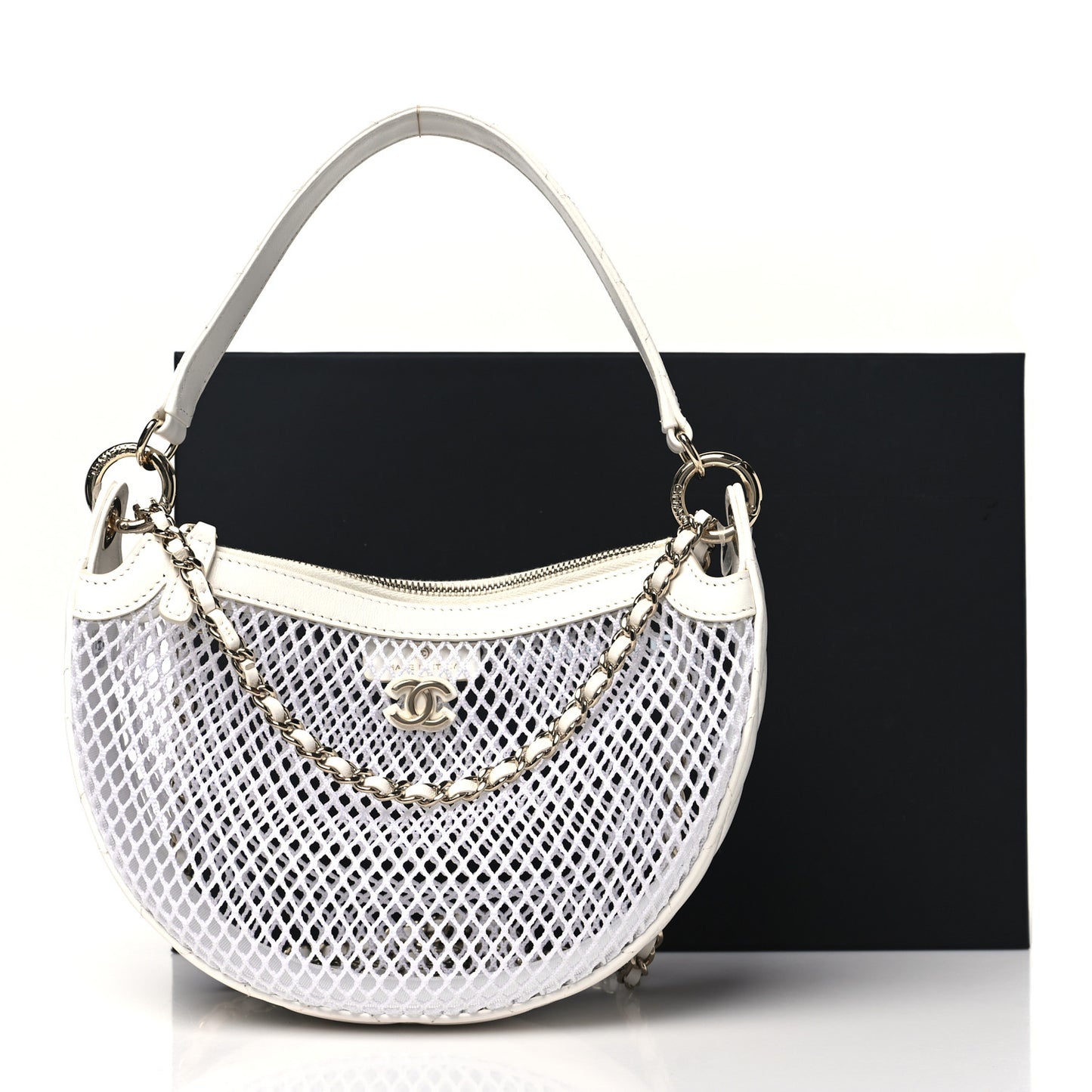 Mesh Shiny Lambskin Chain Hobo White
