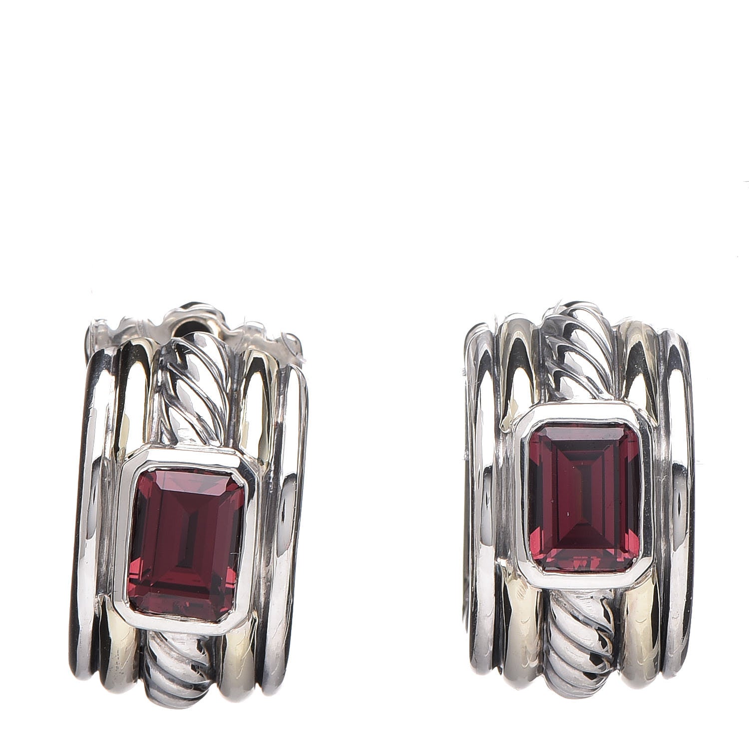 David Yurman Sterling Silver 14K Yellow Gold Rhodolite Garnet Cable Earrings 1 of 4