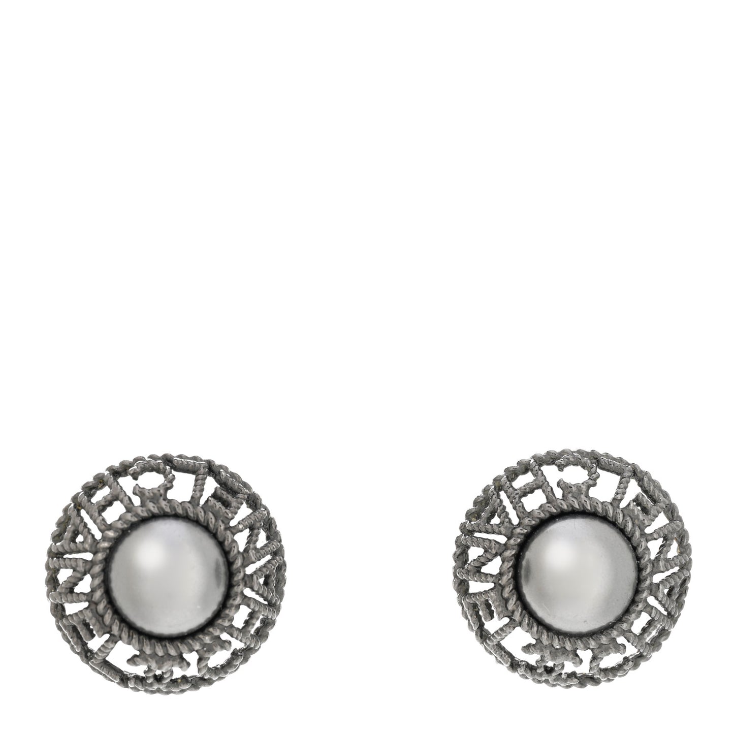 Ruthenium Pearl CC Round Rope Logo Earrings Dark Grey