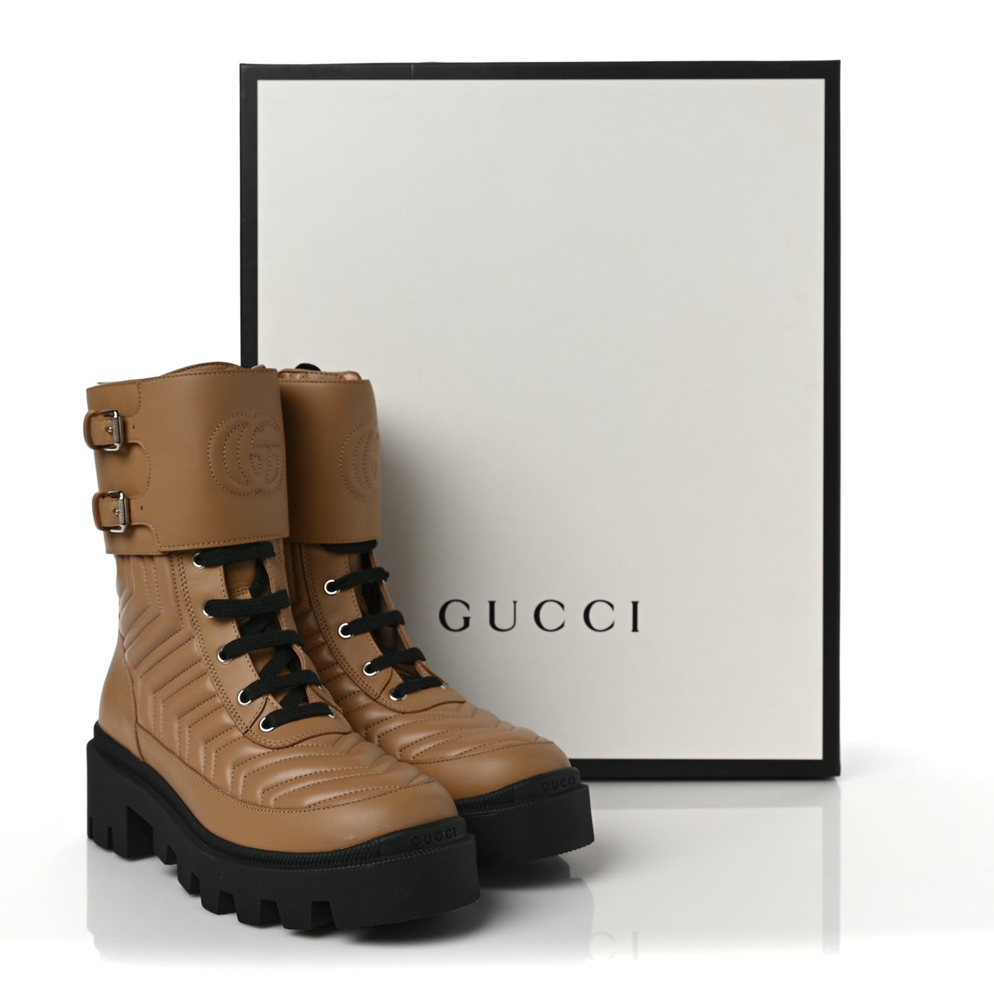Nappa Frances GG Matelasse Platform Combat Boots 38.5 Natural Tan
