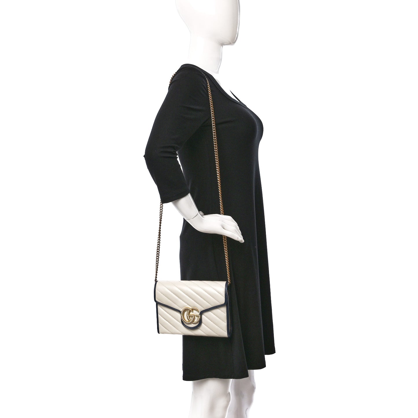 Vintage Effect Calfskin Matelasse Diagonal Torchon GG Marmont Chain Wallet Mystic White Blue Agata