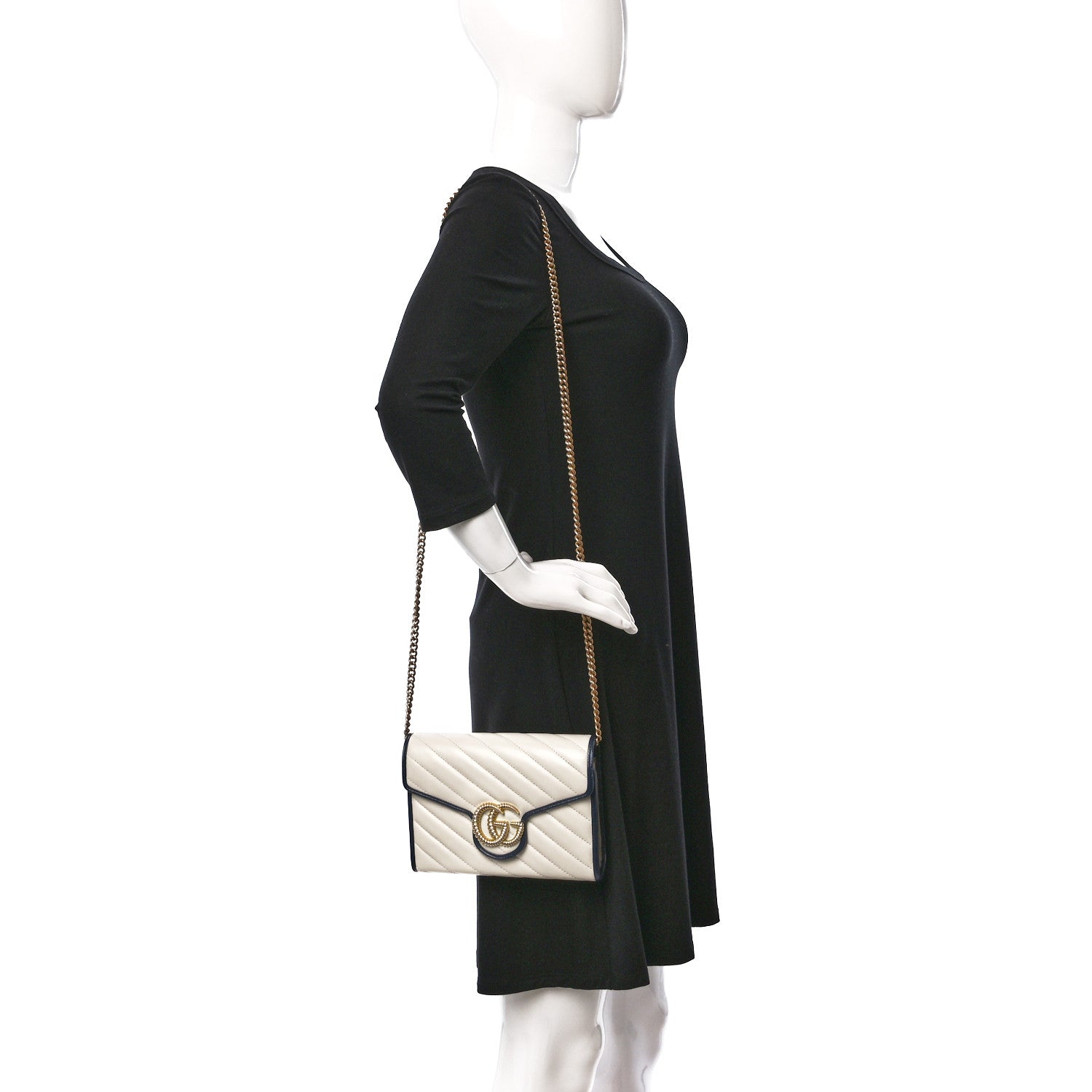 Gucci Vintage Effect Calfskin Matelasse Diagonal Torchon GG Marmont Chain Wallet Mystic White Blue Agata 2 of 10