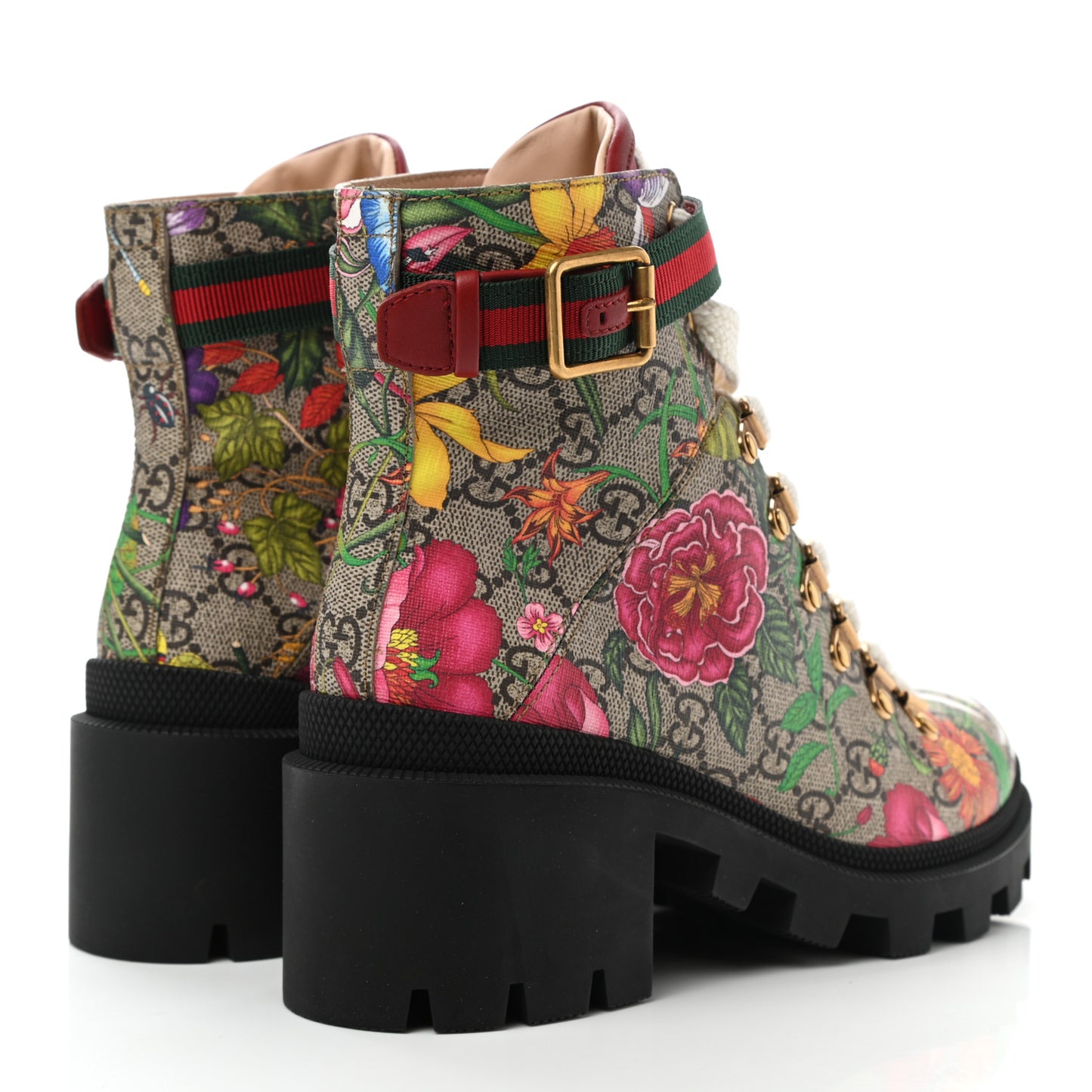 GG Supreme Monogram Flora Lace Up Combat Ankle Boots 36 Beige Multicolor Red