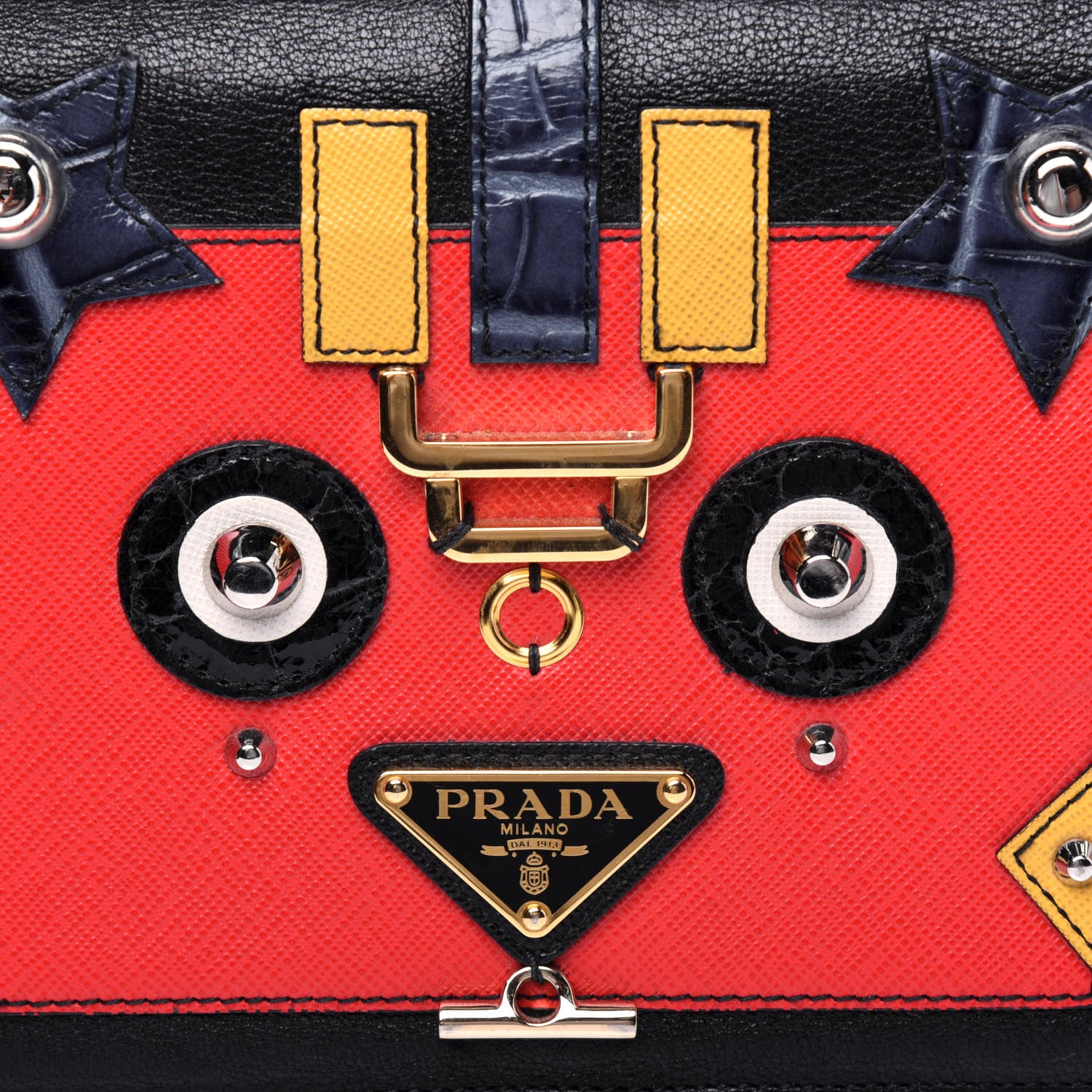 Prada Grained Calfskin Saffiano Robot Shoulder Bag Black Red 18 of 20