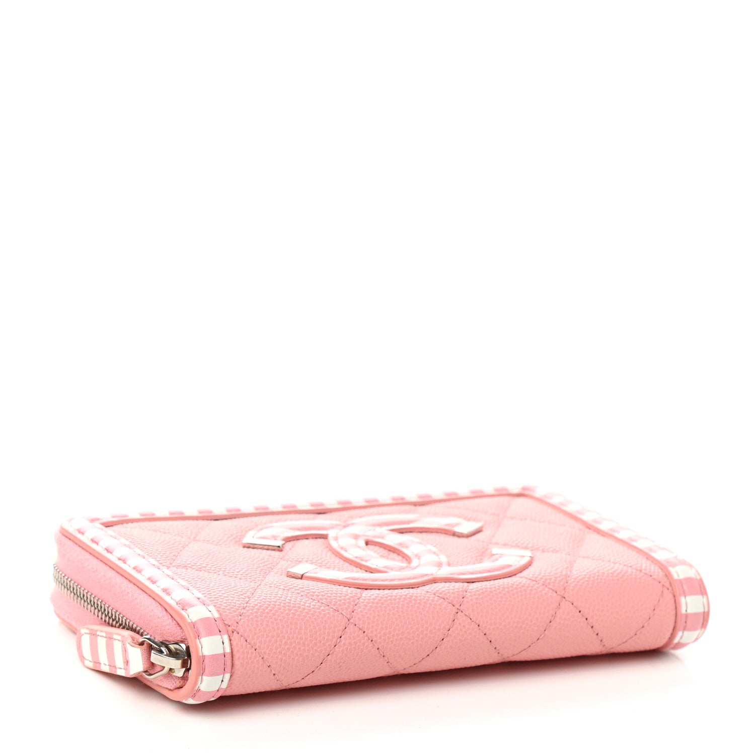 Chanel Caviar Quilted Medium Stripe Filigree Zip Around Wallet Pink White 4 of 9