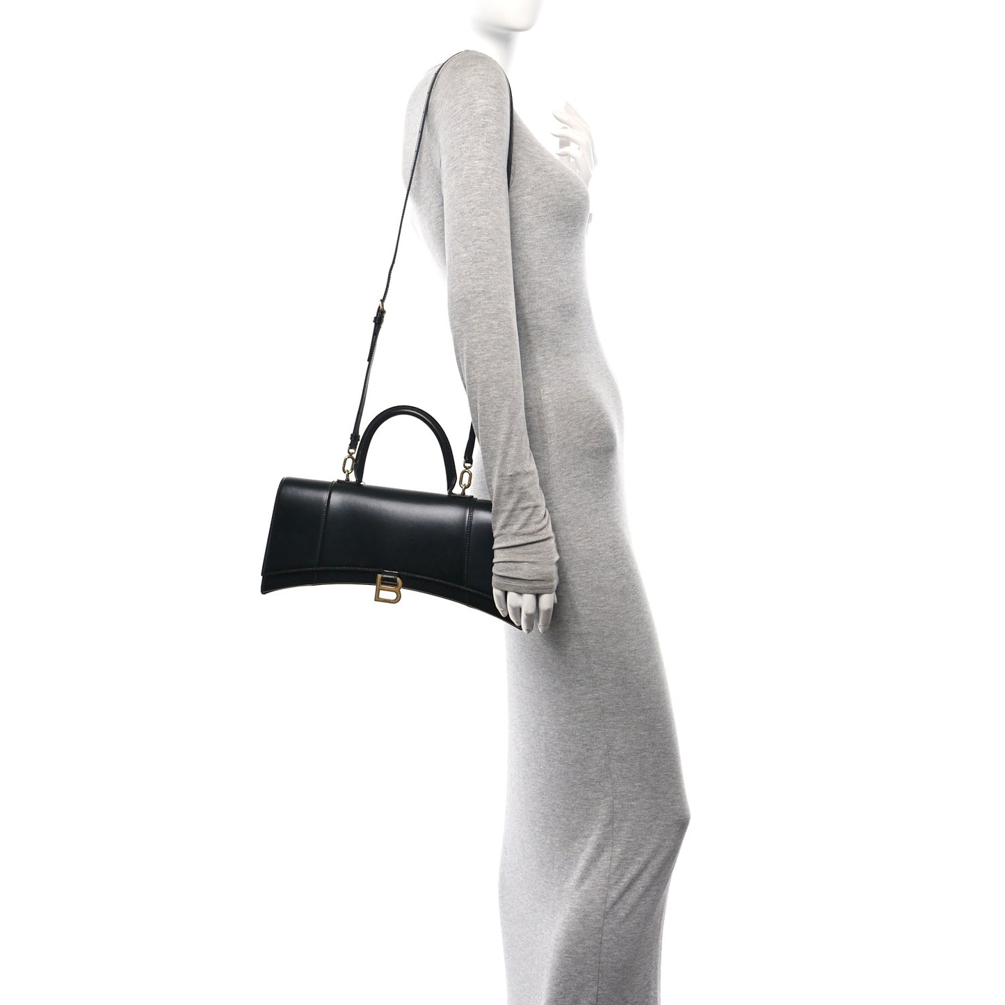 Shiny Box Calfskin Hourglass Stretch Top Handle Bag Black