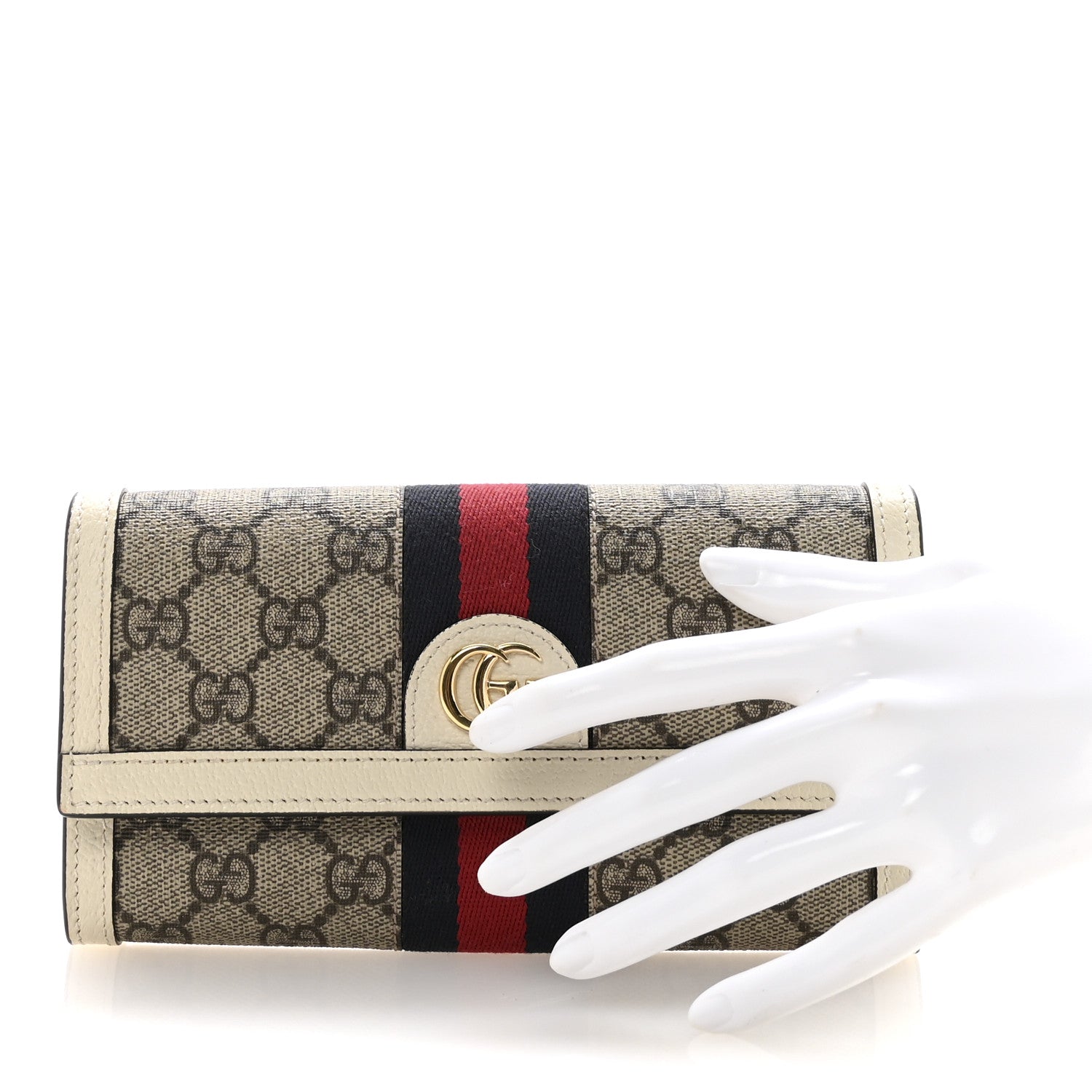 Gucci GG Supreme Monogram Textured Calfskin Web Ophidia Continental Wallet Beige White 2 of 8