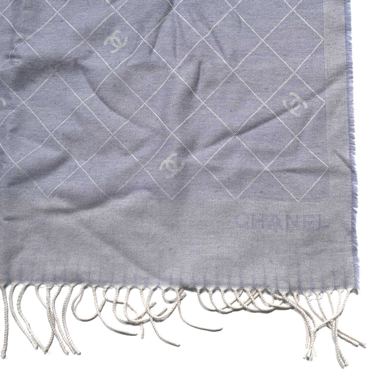 Chanel Cashmere Silk CC Diamond Fringe Scarf Blue 3 of 3