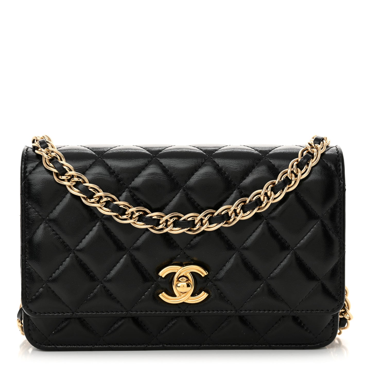 Shiny Lambskin Quilted Golden Links Wallet On Chain WOC Black