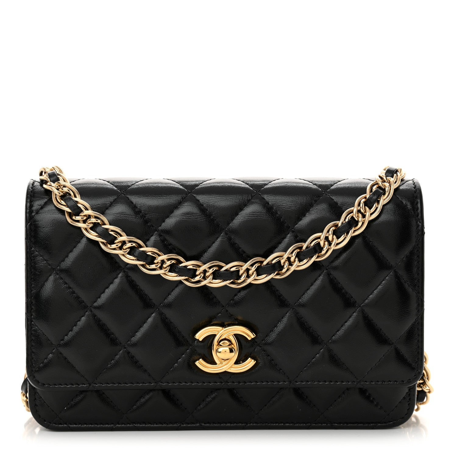Chanel Shiny Lambskin Quilted Golden Links Wallet On Chain WOC Black 1 of 14