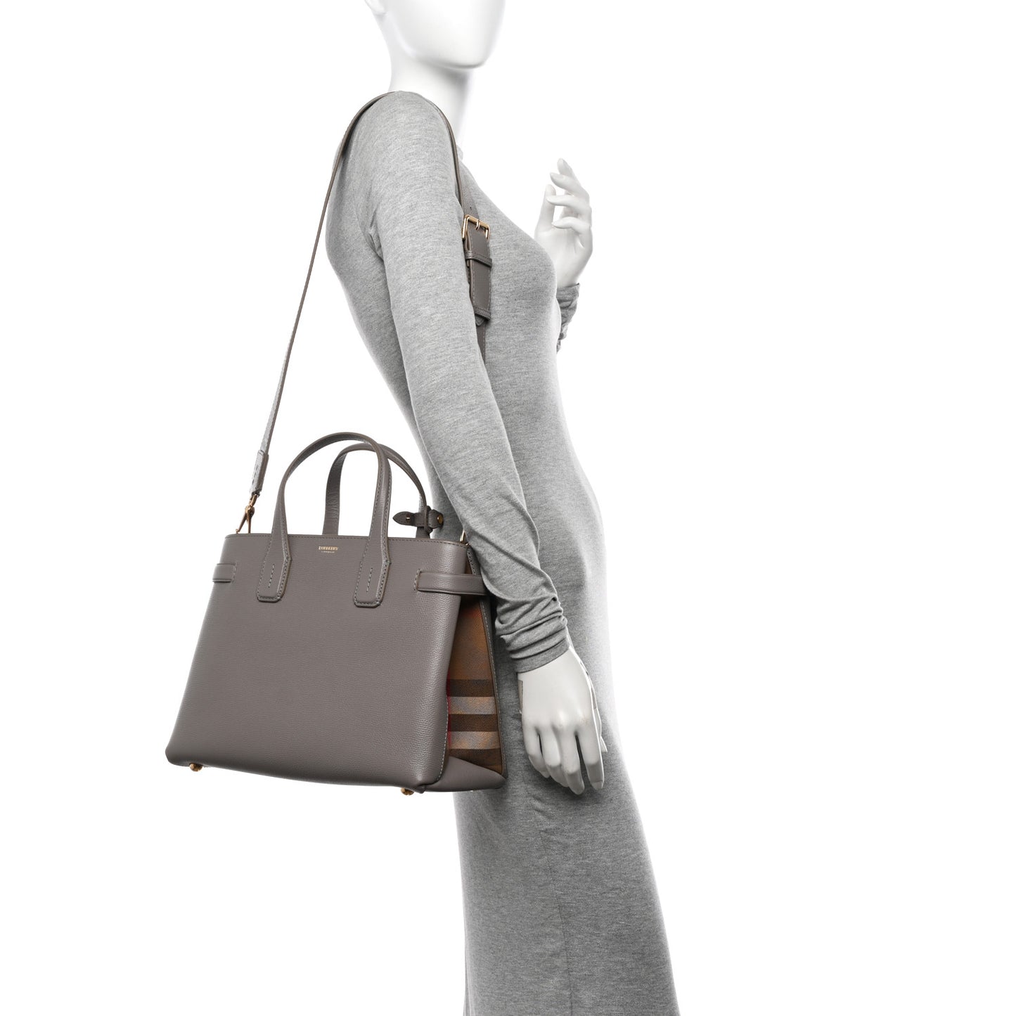 Grainy Calfskin House Check Medium Banner Tote Taupe Brown