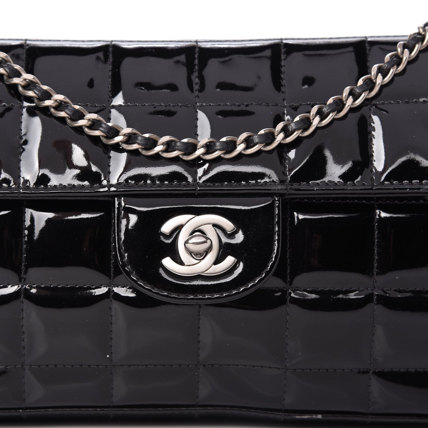 Patent Quilted East West Chocolate Bar Flap Black