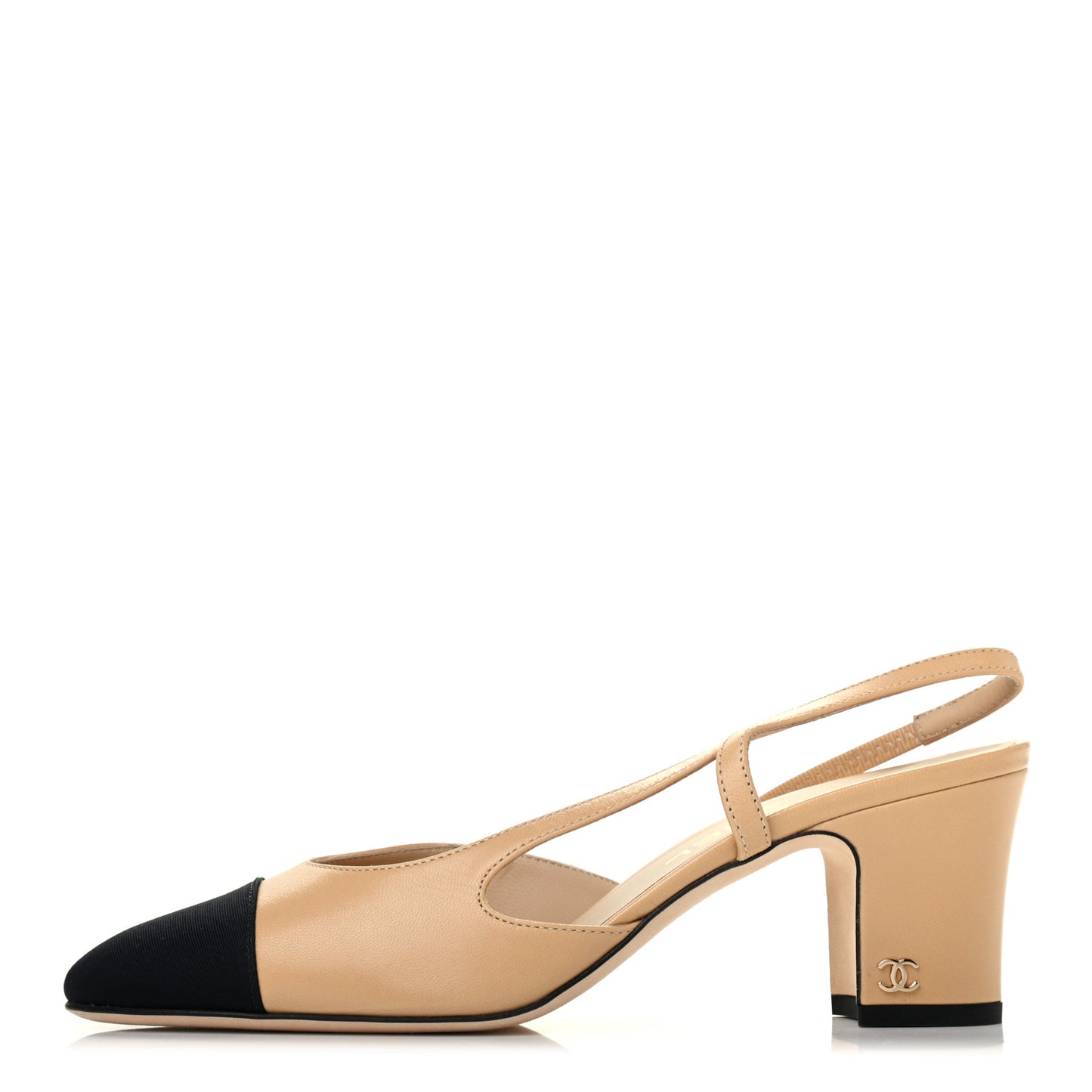 Goatskin Grosgrain Cap Toe CC Slingback Pumps 38 Beige Black