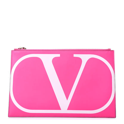 Valentino Garavani Calfskin Large VLogo Flat Zip Pouch Azalea White 1 of 6