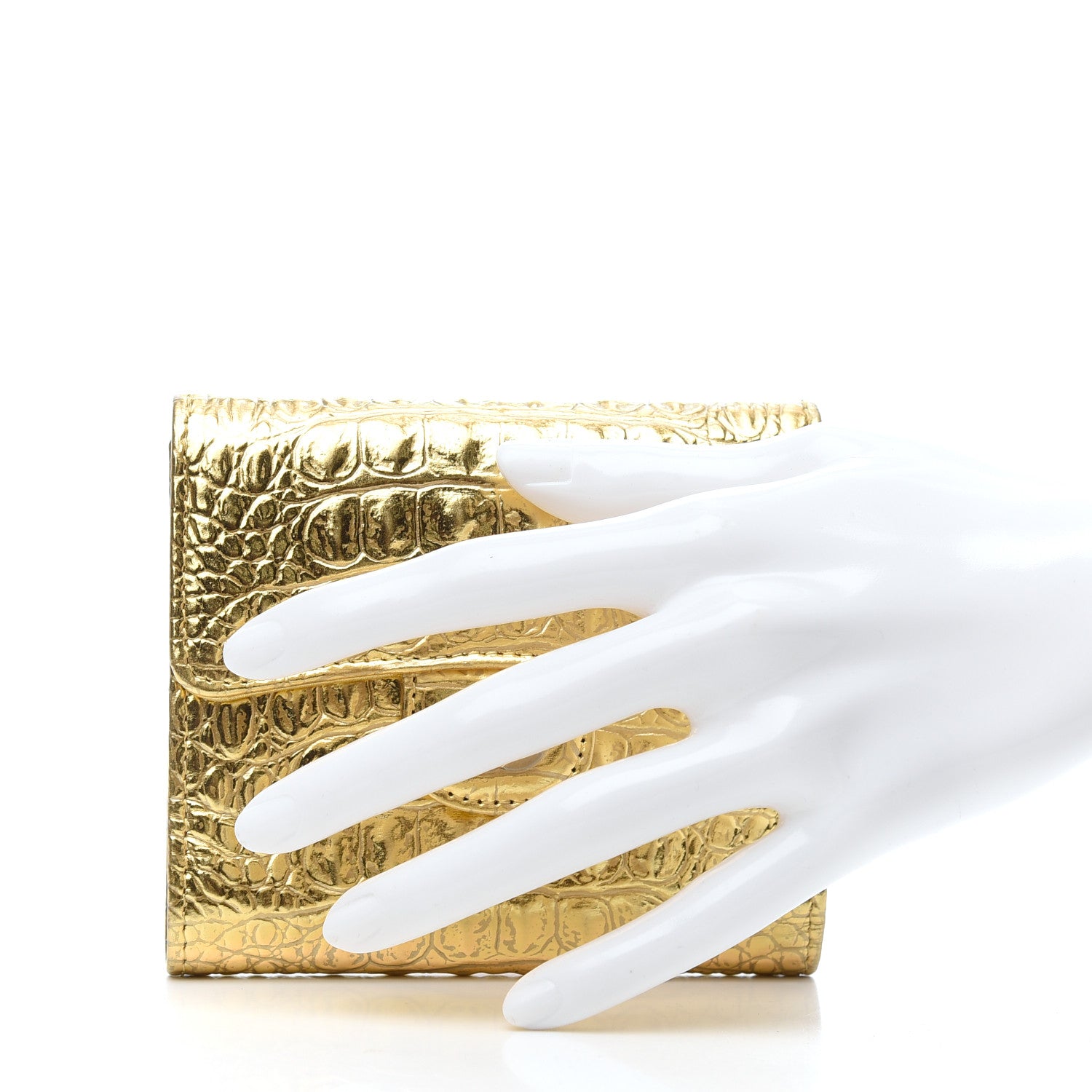 Chanel Metallic Calfskin Crocodile Embossed Cocodile Compact Flap Wallet Gold 2 of 8