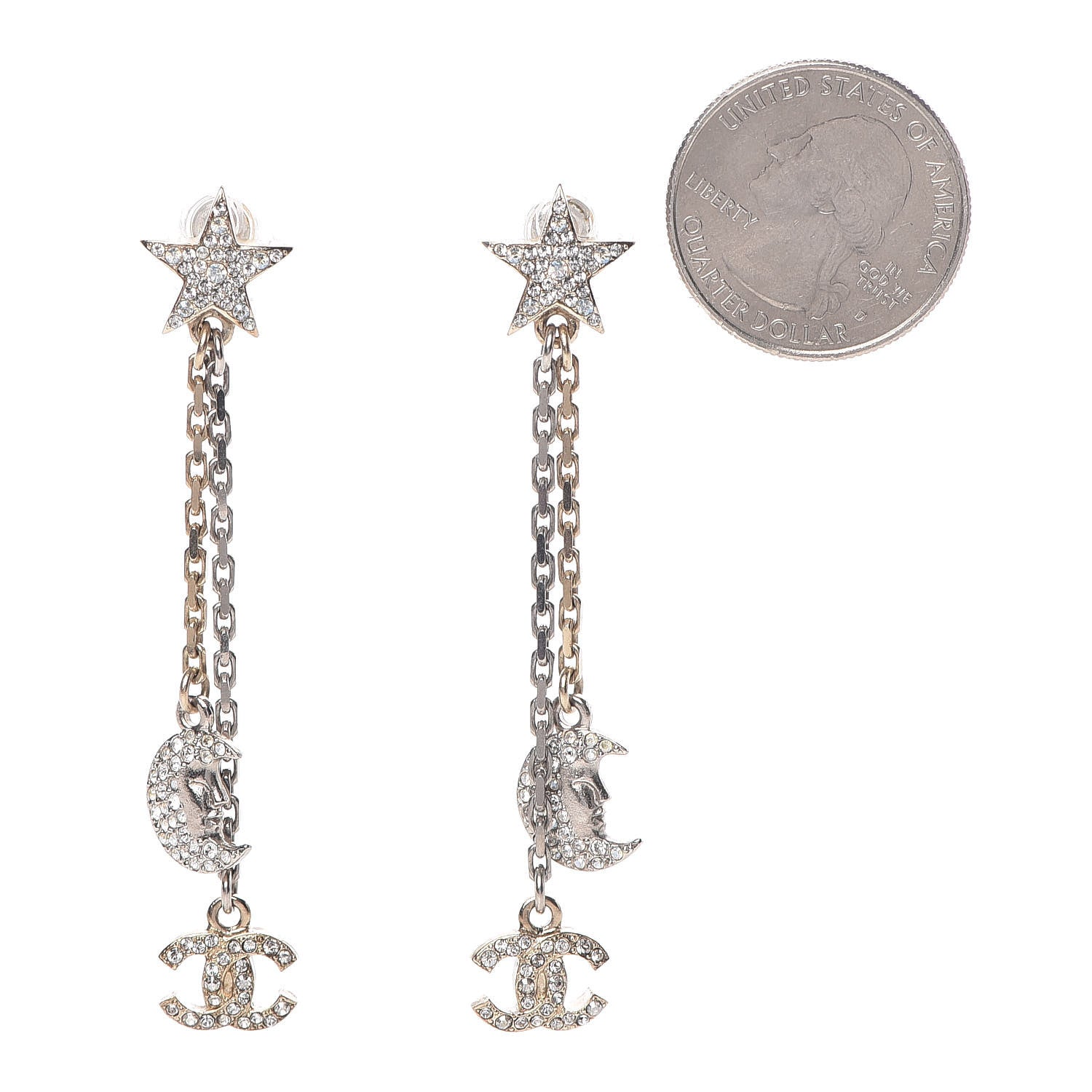 Chanel Crystal CC Star Moon Dangle Earrings Silver Gold 2 of 4
