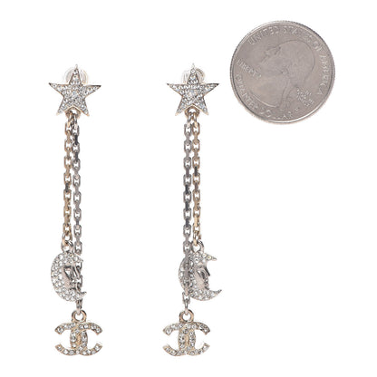 Chanel Crystal CC Star Moon Dangle Earrings Silver Gold 2 of 4
