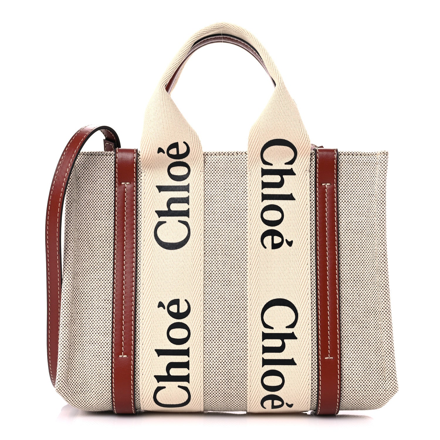 Chloe Cotton Calfskin Small Woody Ribbon Tote With Strap White Brown 1 of 9