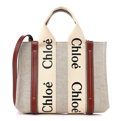 Chloe Cotton Calfskin Small Woody Ribbon Tote With Strap White Brown 1 of 9