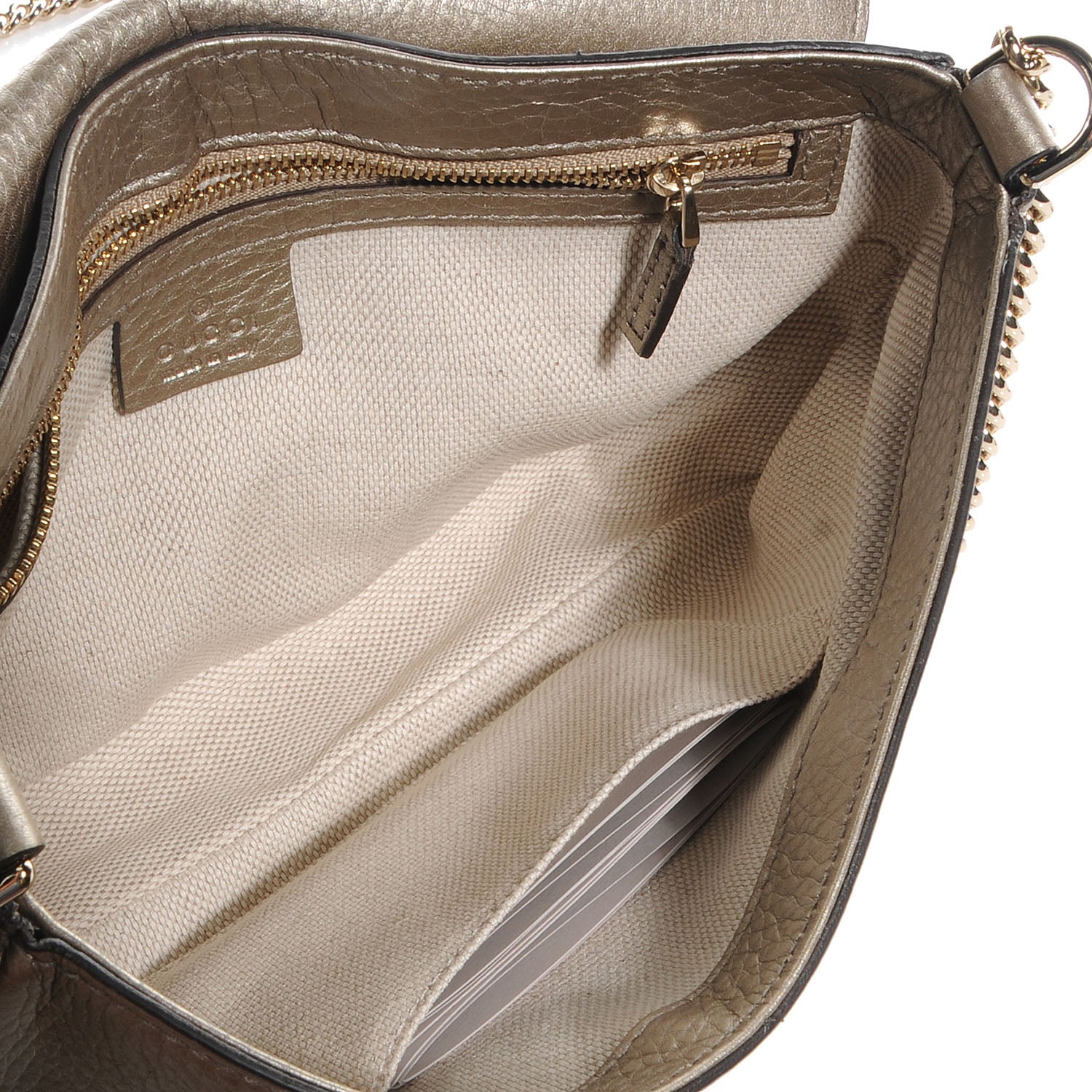 Gucci Metallic Pebbled Calfskin Medium Soho Flap Crossbody Golden Beige 5 of 8
