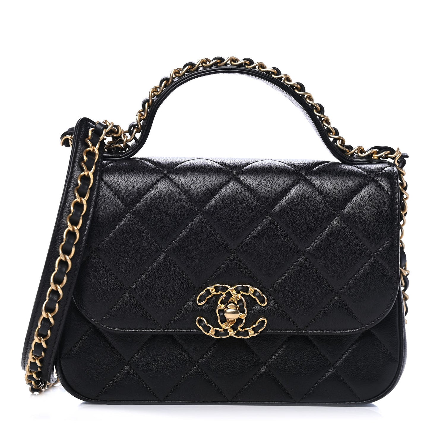 Lambskin Quilted Small Chain Infinity Top Handle Flap Black