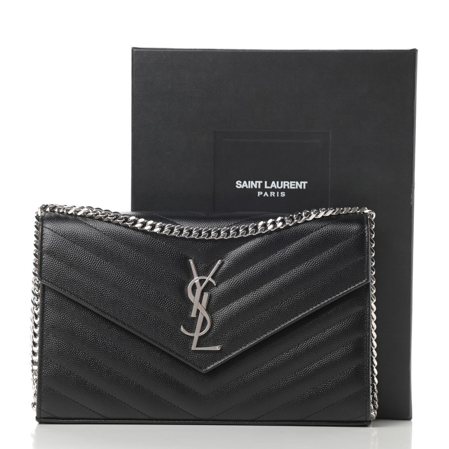 Saint Laurent Grain De Poudre Matelasse Chevron Monogram Chain Wallet Black 12 of 12