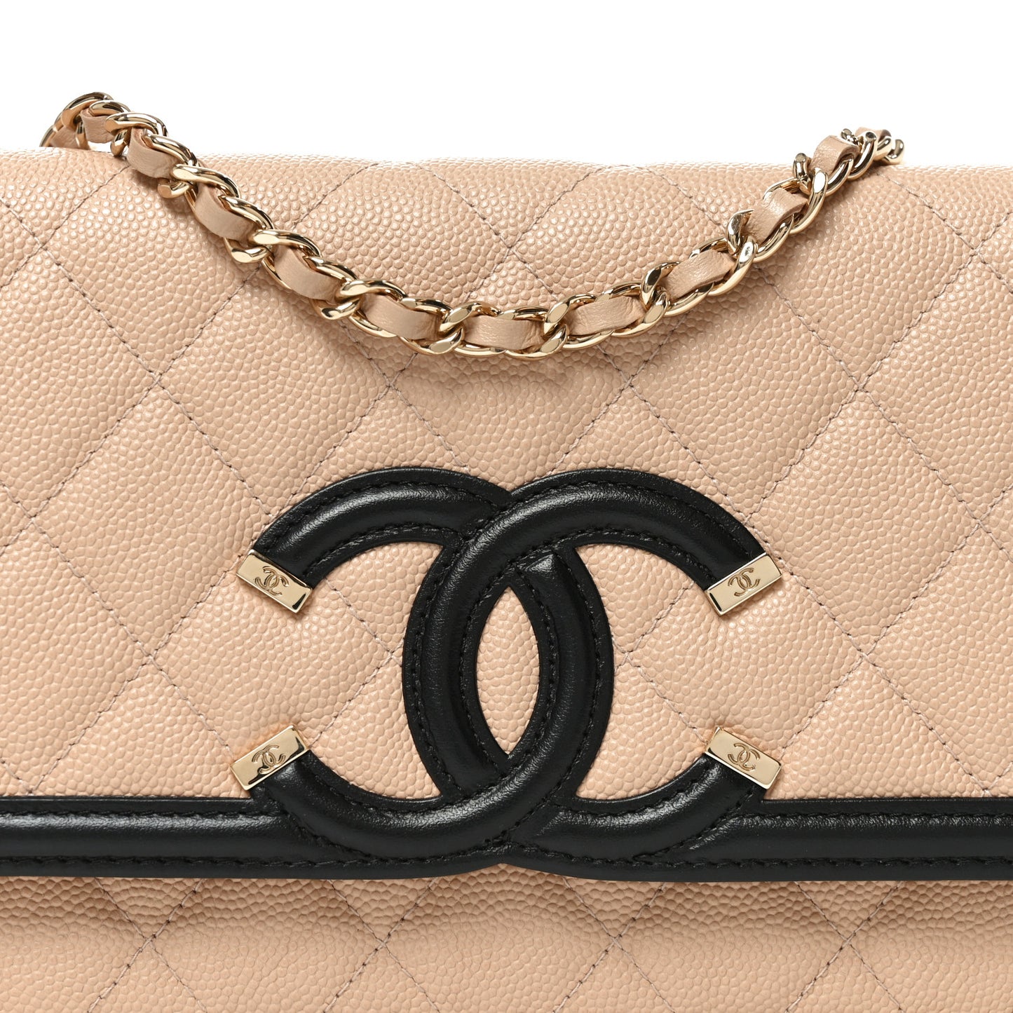 Caviar Quilted CC Filigree Wallet On Chain WOC Beige Black