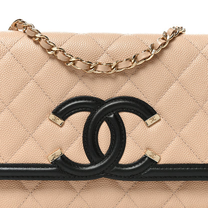 Chanel Caviar Quilted CC Filigree Wallet On Chain WOC Beige Black 9 of 11
