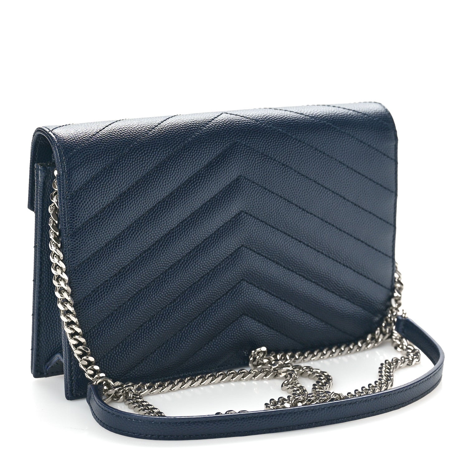 Saint Laurent Grain De Poudre Matelasse Chevron Monogram Envelope Chain Wallet Navy 2 of 9