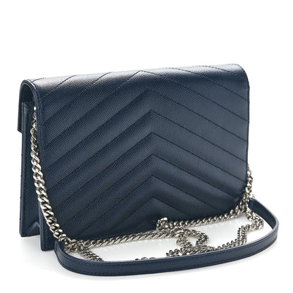 Saint Laurent Grain De Poudre Matelasse Chevron Monogram Envelope Chain Wallet Navy 2 of 9