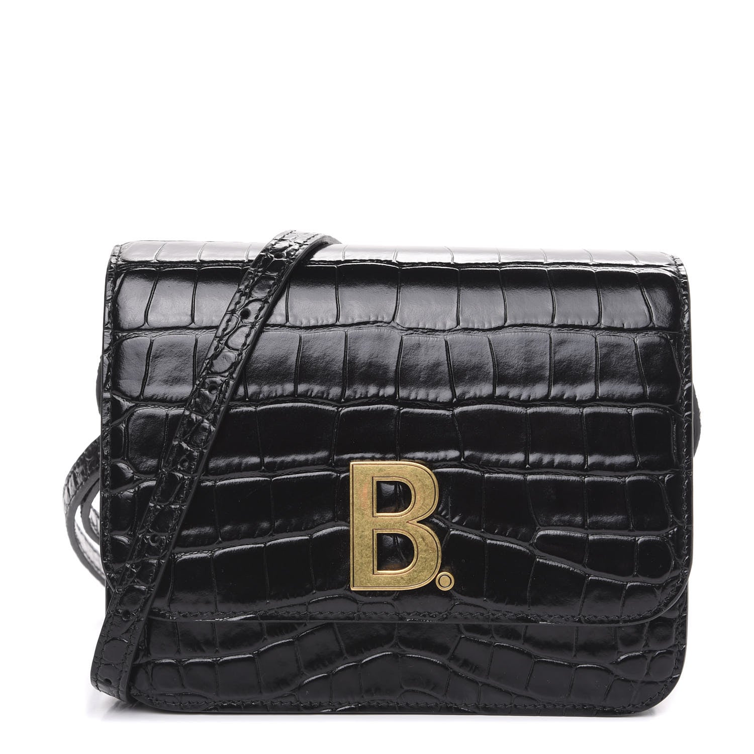 Balenciaga Shiny Calfskin Crocodile Embossed Small B Bag Black 1 of 8
