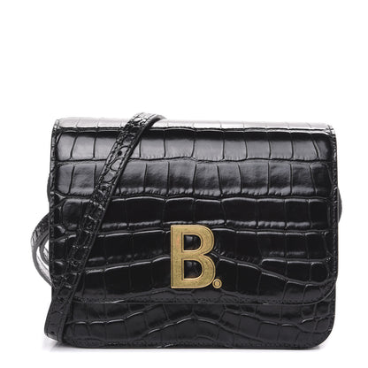 Balenciaga Shiny Calfskin Crocodile Embossed Small B Bag Black 1 of 8