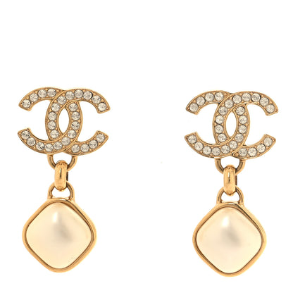 Chanel Metal Crystal Pearl CC Drop Earrings Gold 1 of 5