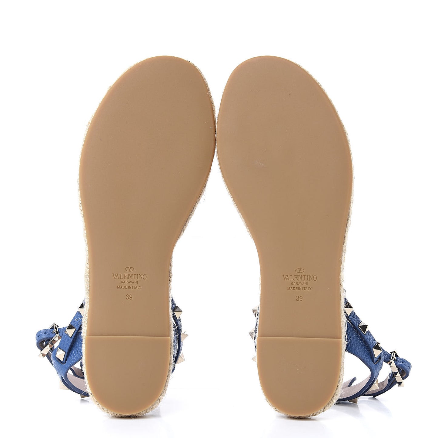 Grained Calfskin Rockstud Ankle Strap Espadrille Flat Sandals 37 Baltique