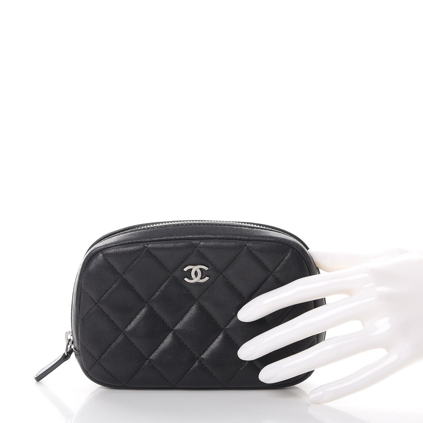 Lambskin Quilted Small Curvy Pouch Cosmetic Case Black