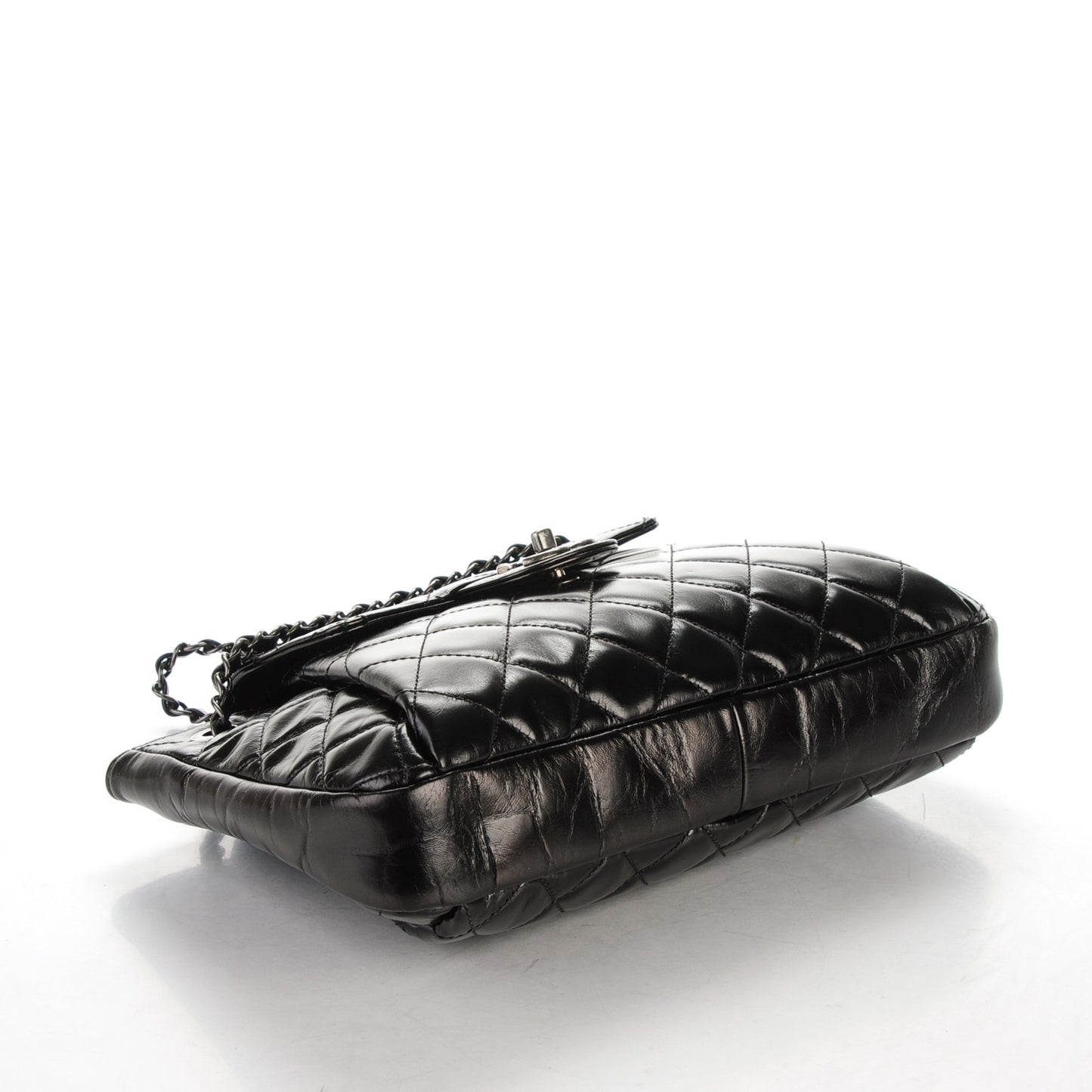 Glazed Calfskin Quilted Accordion Flap Black