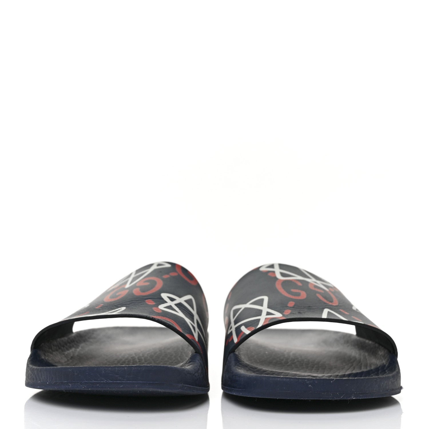 Gucci Calfskin GucciGhost Print Womens Slide Sandals 38 Blue Agata Hibiscus Red 2 of 7