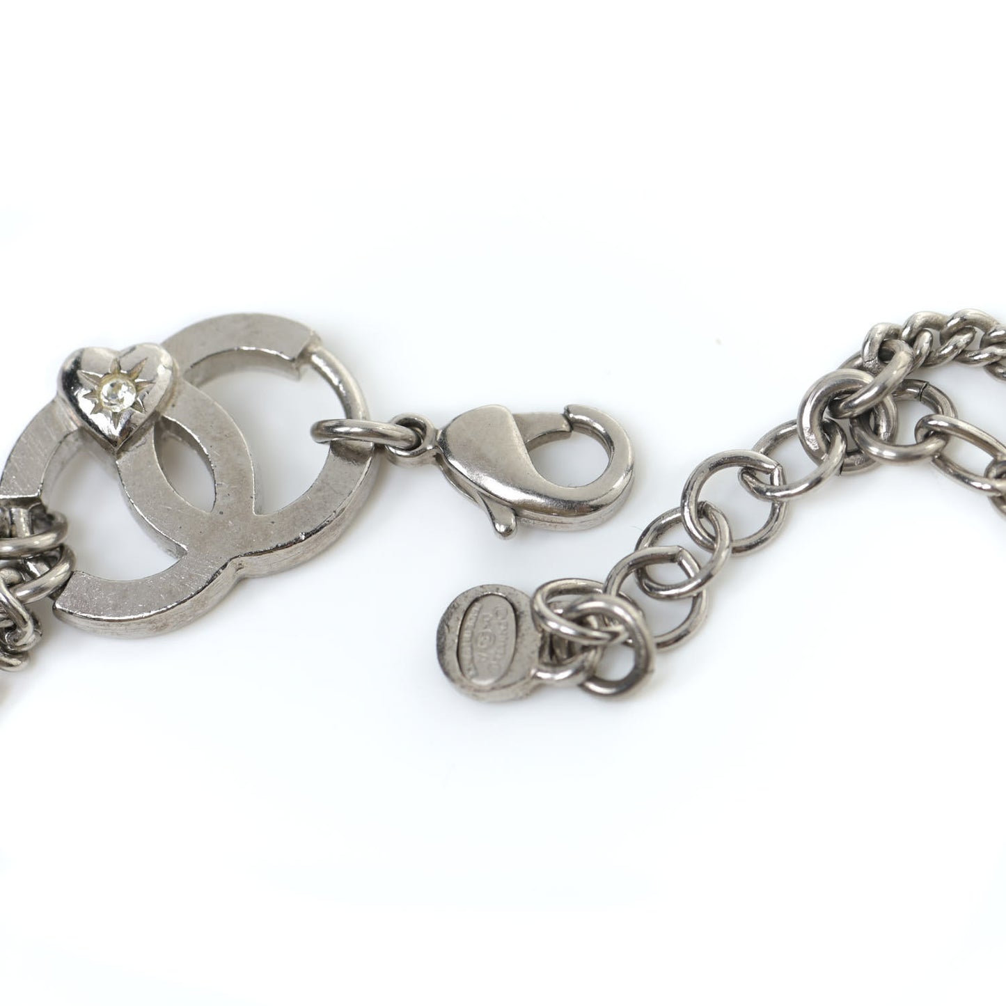 Metal Crystal Pearl Heart Charm Bracelet Silver