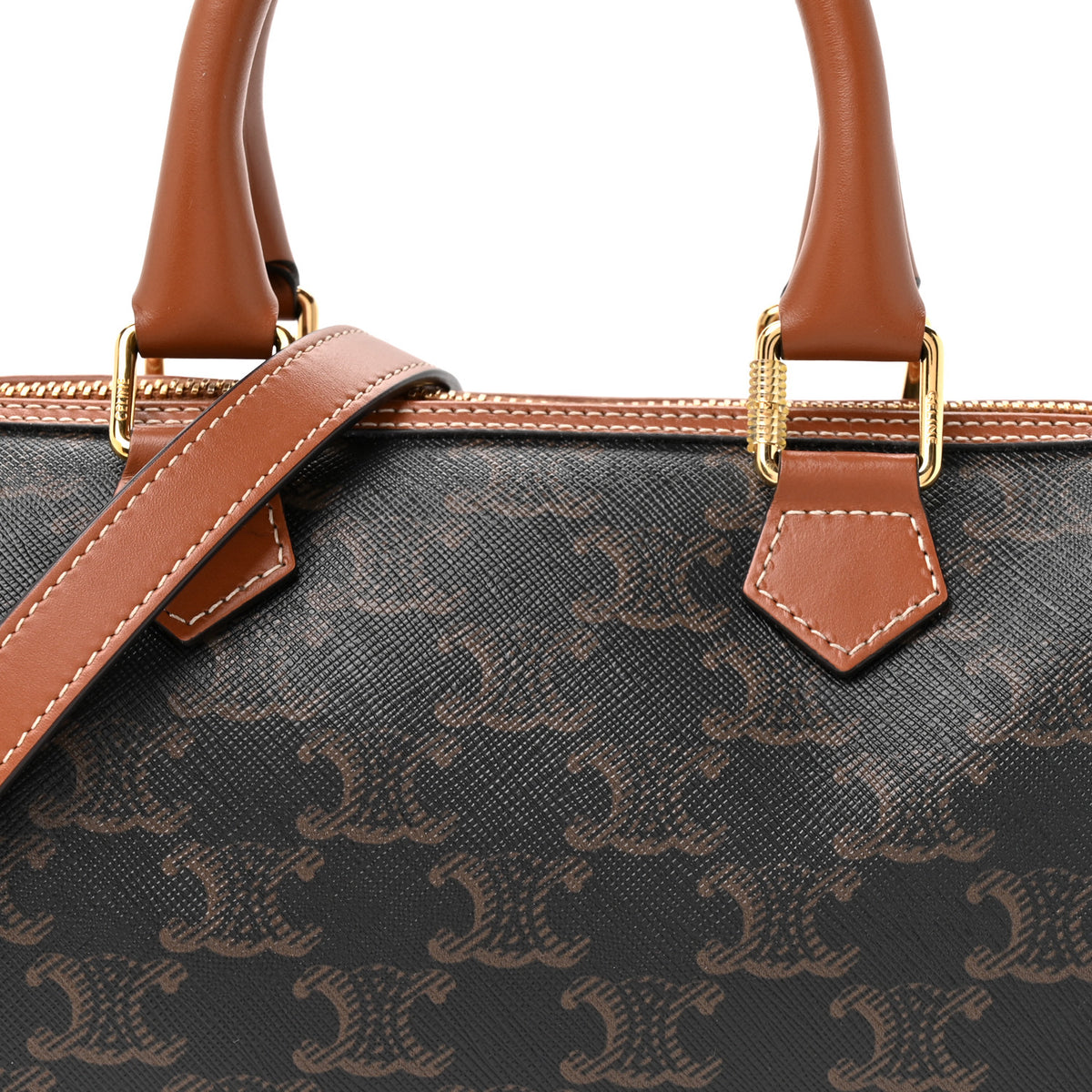 Triomphe Canvas Calfskin Small Boston Bag Tan