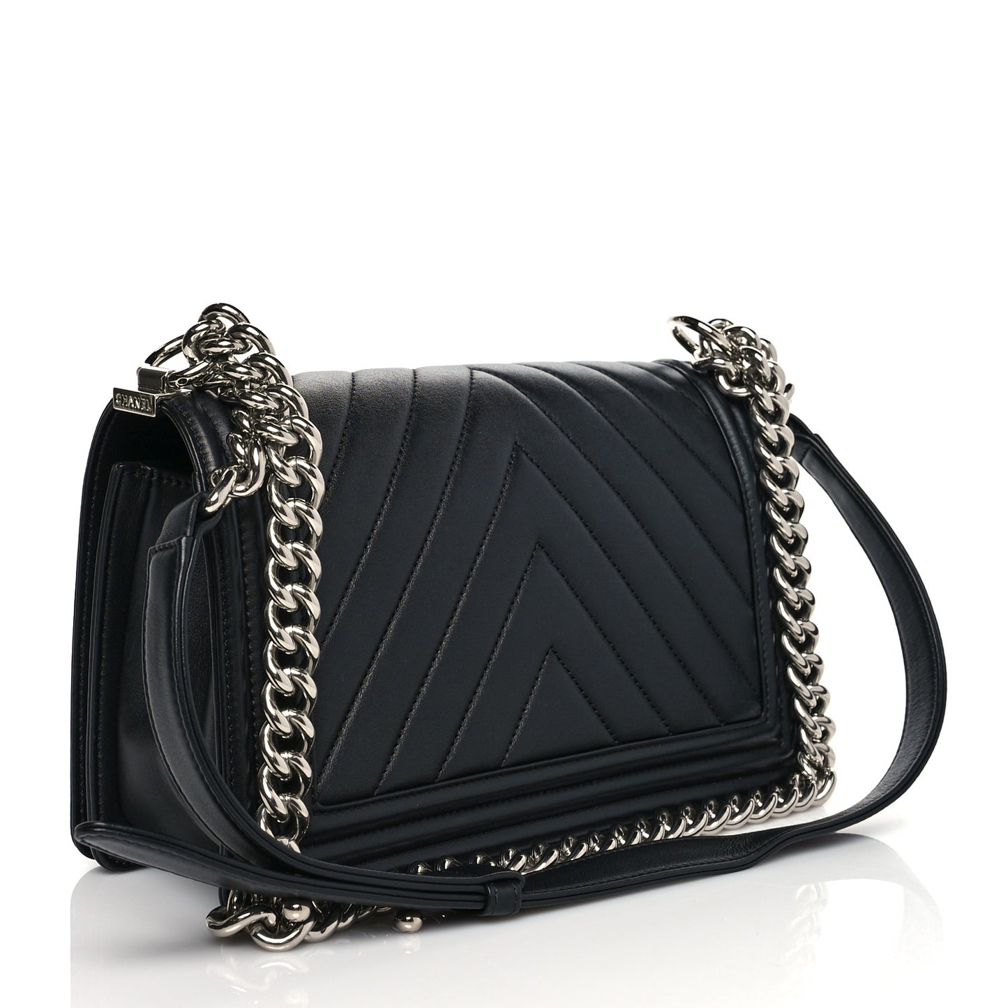Calfskin Chevron Quilted Medium Boy Flap Black